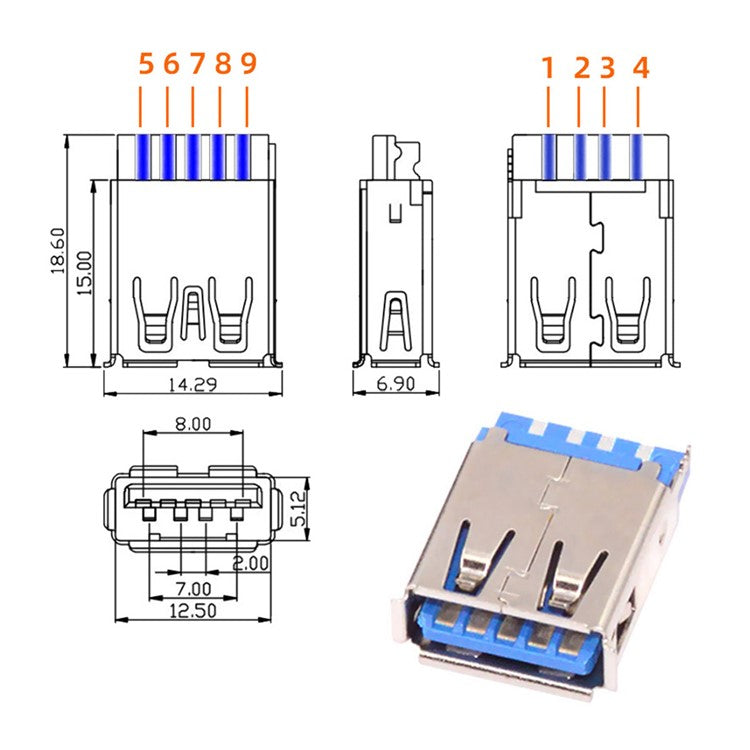 CN-024-FE USB 3.0 Type-A Female Socket Receptacle Connector Solder Type with Aluminum Alloy Shell for 6.0mm Cable