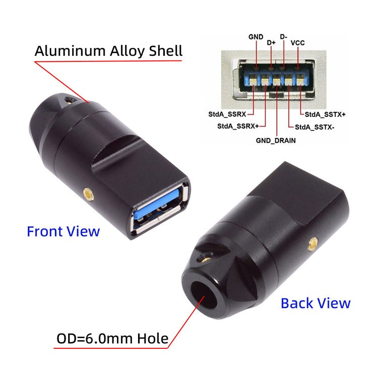 CN-024-FE USB 3.0 Type-A Female Socket Receptacle Connector Solder Type with Aluminum Alloy Shell for 6.0mm Cable