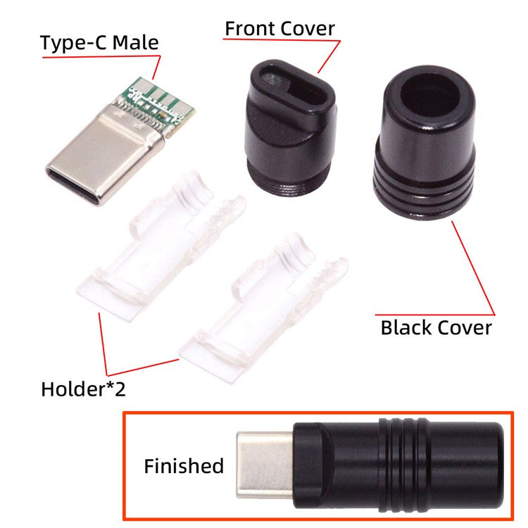 CN-026-BK USB 3.1 Type-C Male Plug Connector Solder Type with Aluminum Alloy Shell for 4.0mm-6.0mm Cable - Black