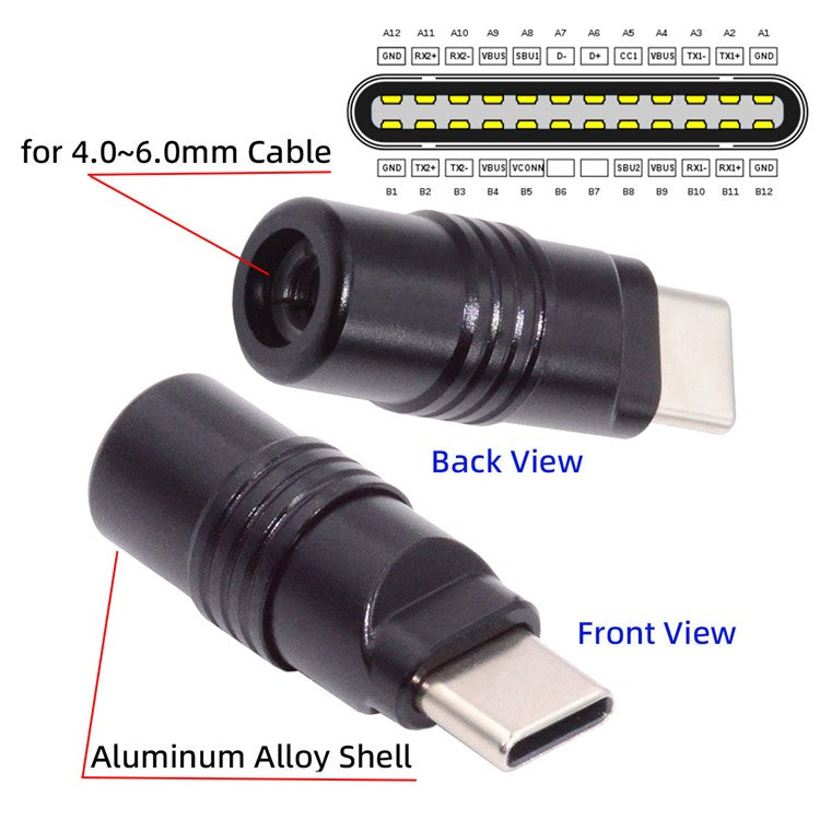 CN-026-BK USB 3.1 Type-C Male Plug Connector Solder Type with Aluminum Alloy Shell for 4.0mm-6.0mm Cable - Black