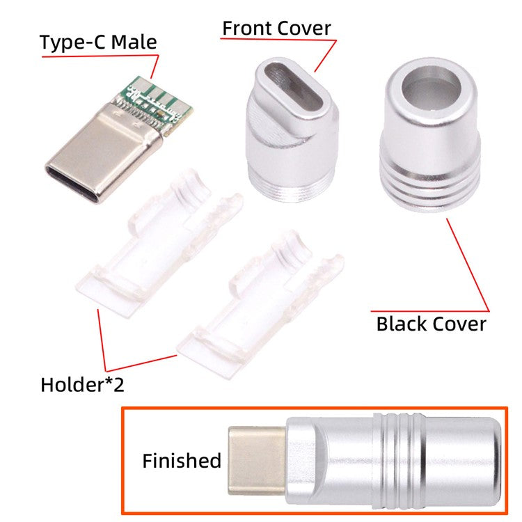 CN-026-BK USB 3.1 Type-C Male Plug Connector Solder Type with Aluminum Alloy Shell for 4.0mm-6.0mm Cable - Silver