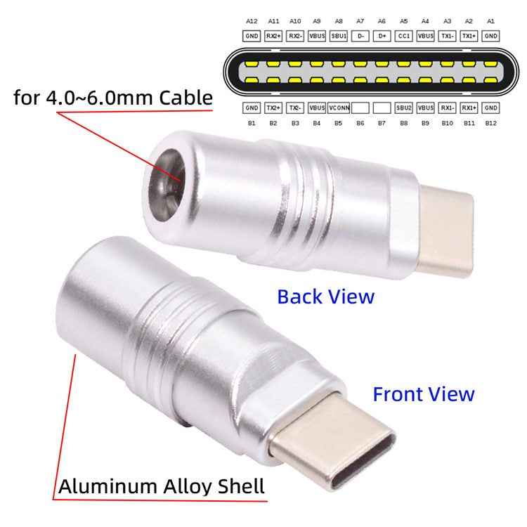 CN-026-BK USB 3.1 Type-C Male Plug Connector Solder Type with Aluminum Alloy Shell for 4.0mm-6.0mm Cable - Silver