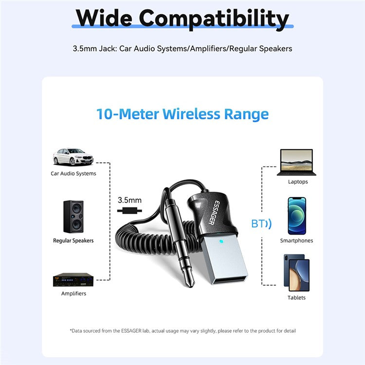 ESSAGER Bluetooth Adapter Spring Cable 3.5mm Jack Audio Receiver