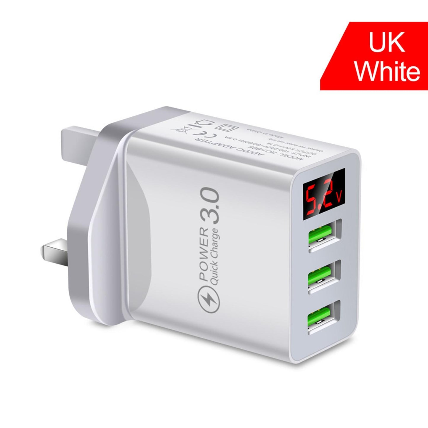 Fast Charger Portable 3USB Digital Display Fast Charging for Travel Charging White