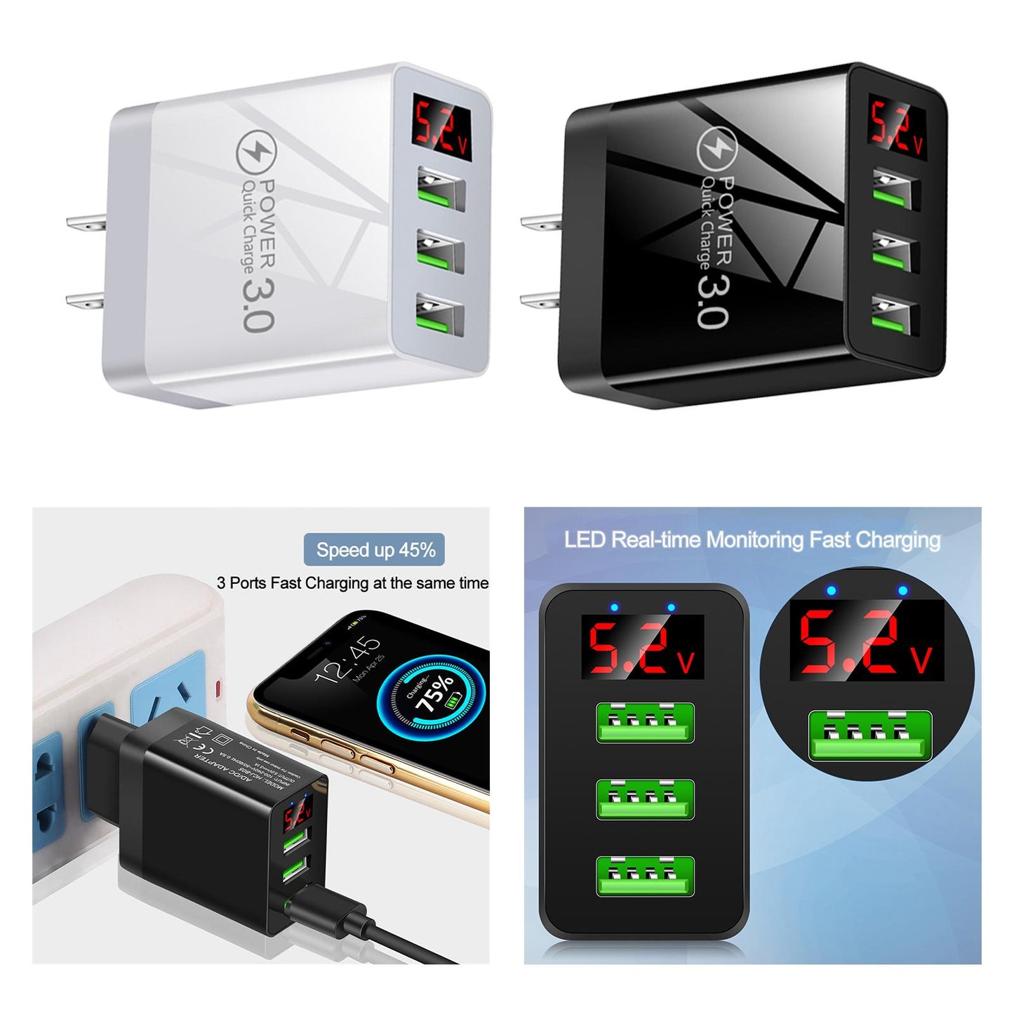 3 Port Charging Station Compact Fast Charger for Travel Charging US Standard Black