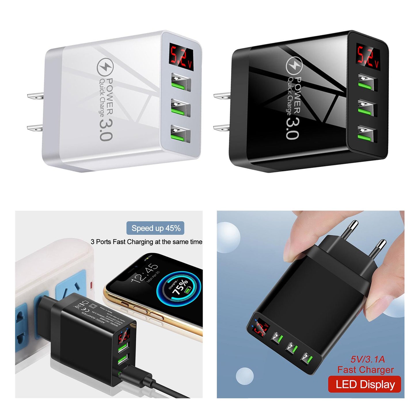 3 Port Charging Station Compact Fast Charger for Travel Charging US Standard Black