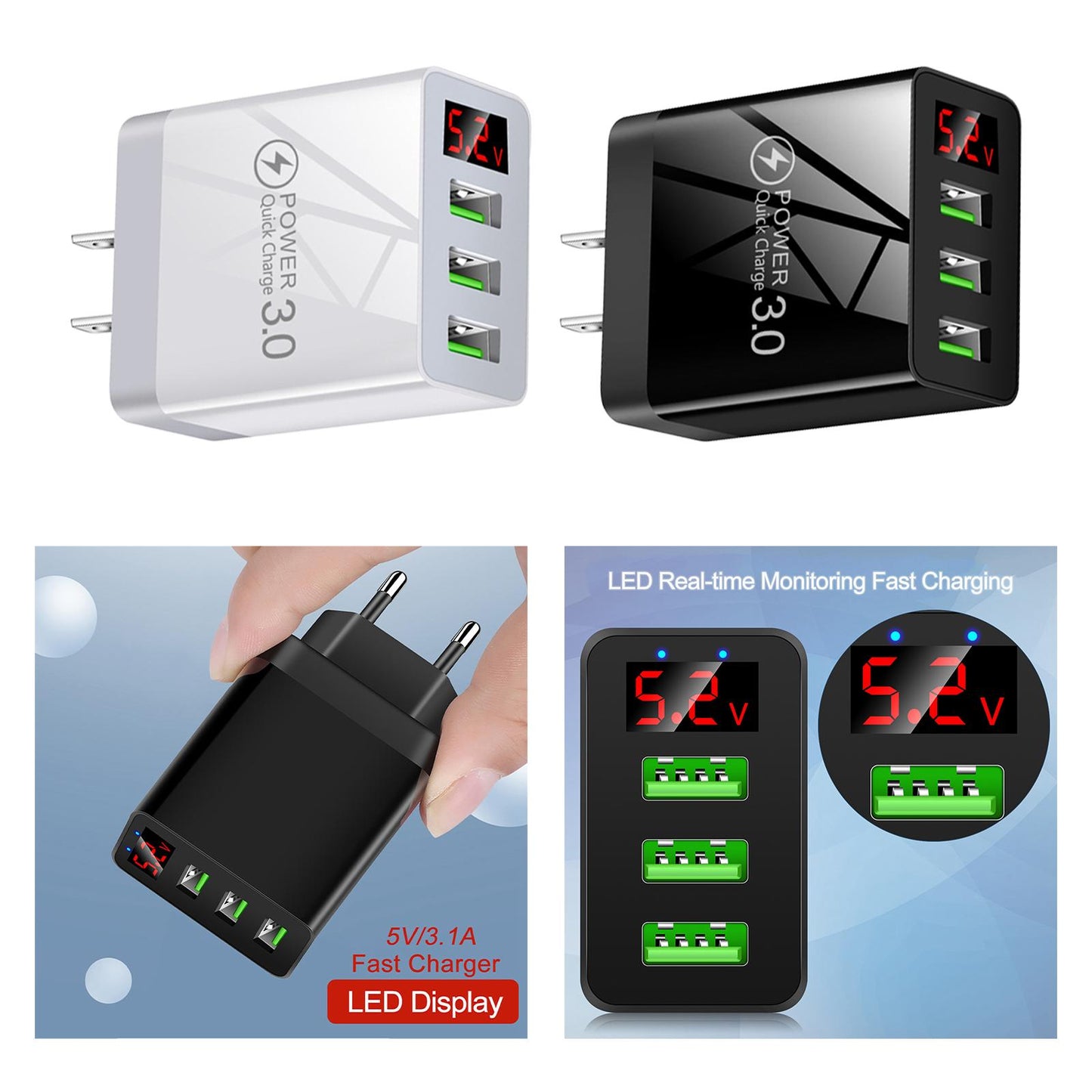 3 Port Charging Station Compact Fast Charger for Travel Charging US Standard Black