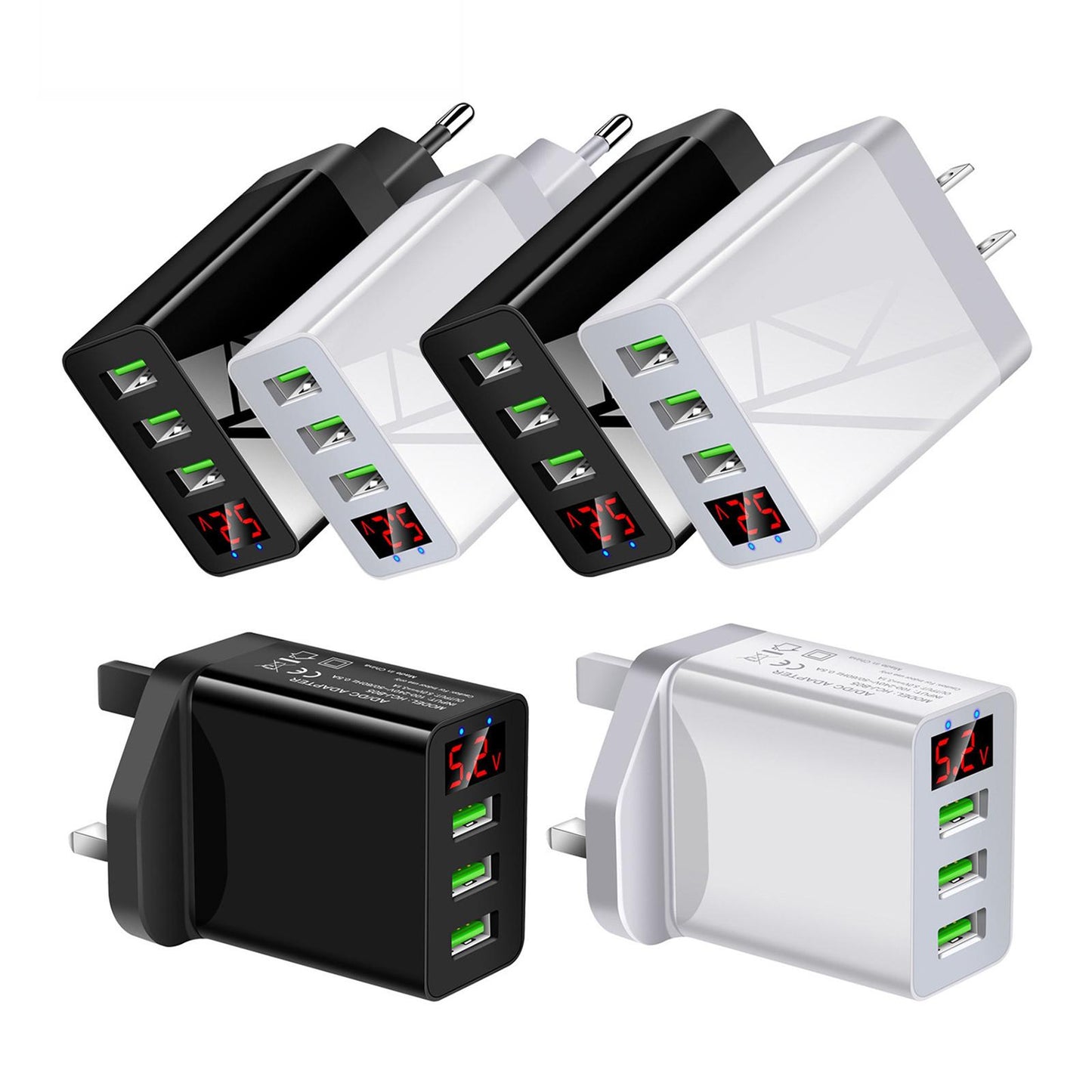 3USB Digital Display Fast Charging Portable Fast Charger for Travel Charging Black