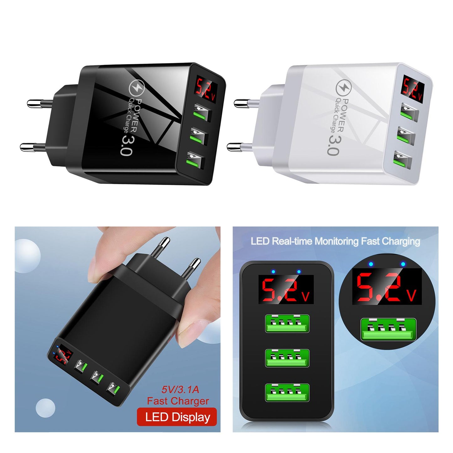 3USB Digital Display Fast Charging Portable Fast Charger for Travel Charging Black