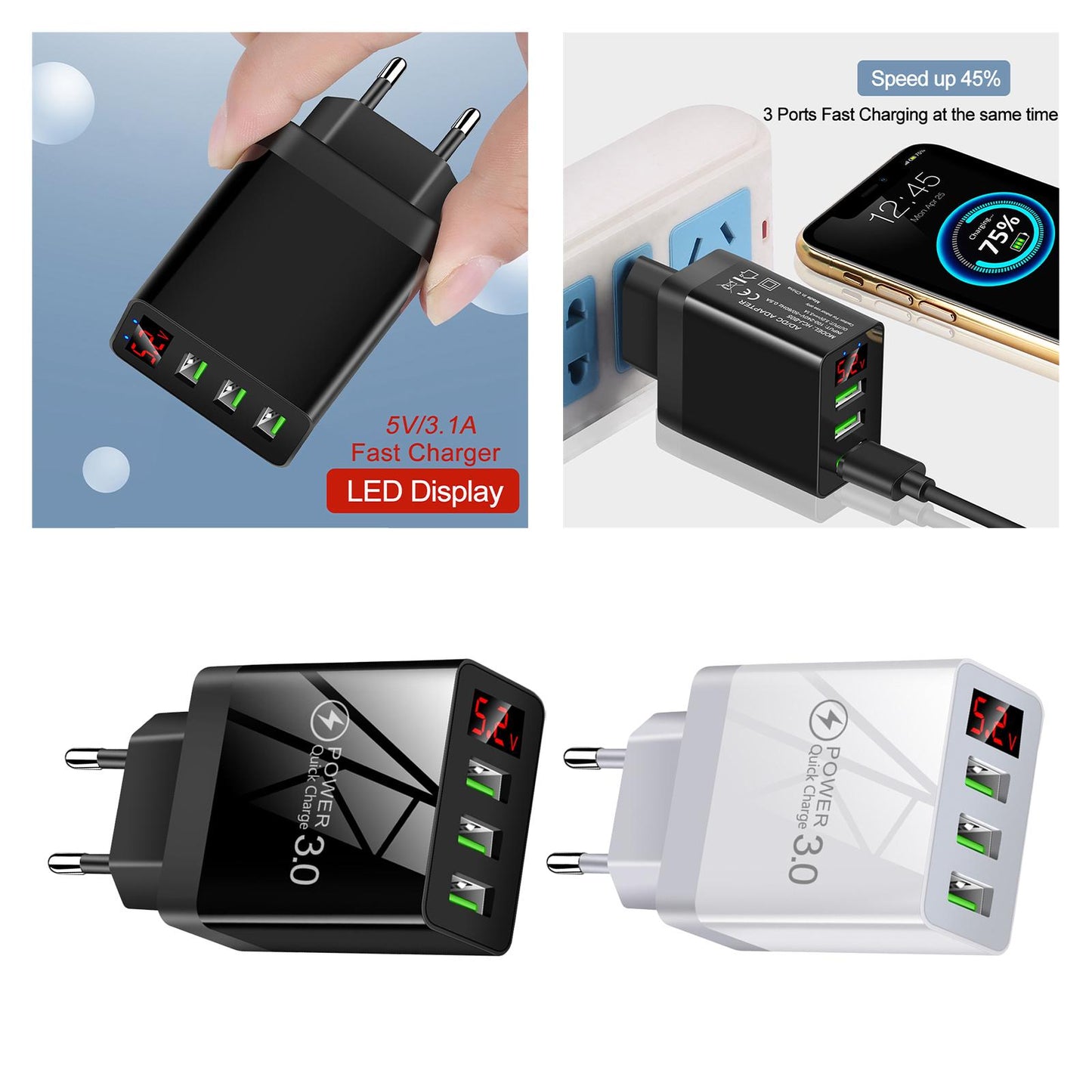 3USB Digital Display Fast Charging Portable Fast Charger for Travel Charging Black