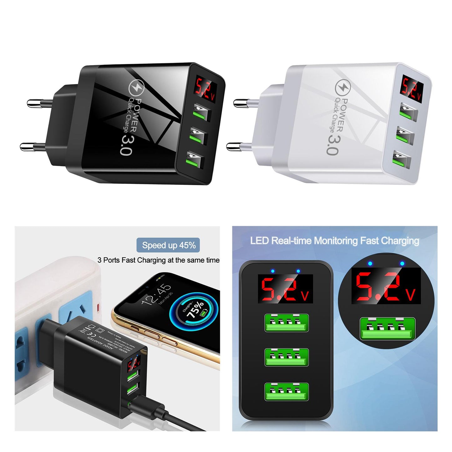 3USB Digital Display Fast Charging Portable Fast Charger for Travel Charging Black