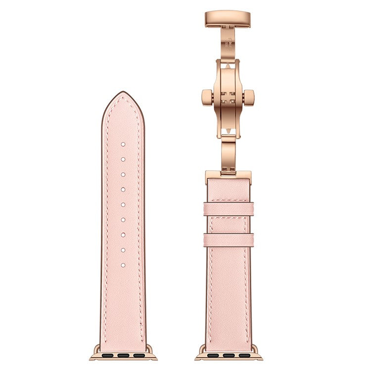 Genuine Leather Watch Replacement Strap for Apple Watch Series 10 42mm / 9 8 7 41mm / SE (2023) SE (2022) SE 6 5 4 40mm / 3 2 1 38mm- Rose Gold Buckle / Pink