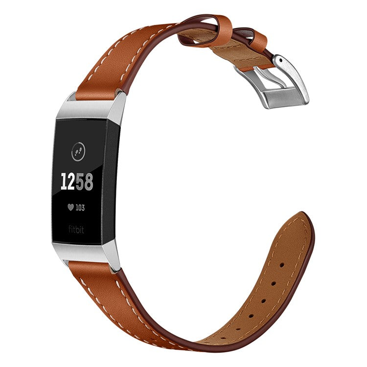 Pointed Tail Design Genuine Leather Replacement Smart Watch Band Wrist Strap for Fitbit Charge 4 / 3 - Brown