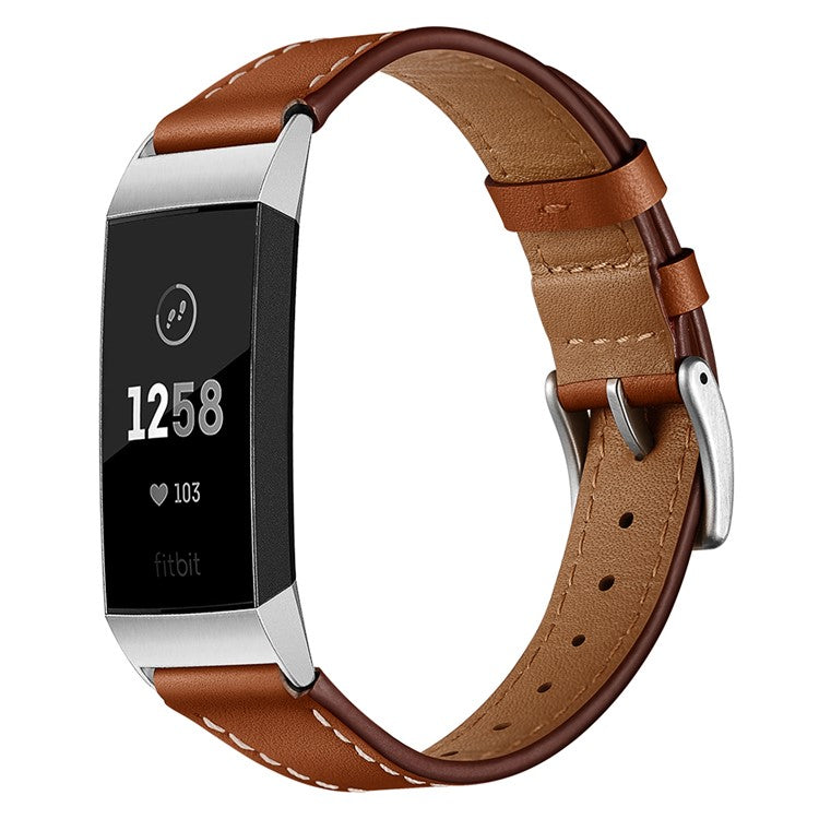 Pointed Tail Design Genuine Leather Replacement Smart Watch Band Wrist Strap for Fitbit Charge 4 / 3 - Brown