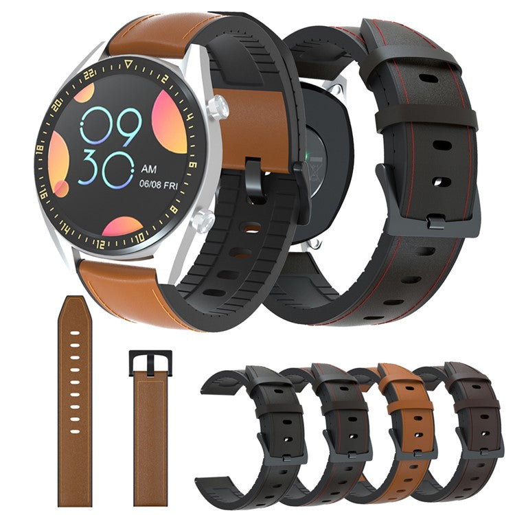 20mm Genuine Leather + Silicone Hybrid Watchband Strap Black Buckle for Huawei Watch GT 2 42mm - All Black