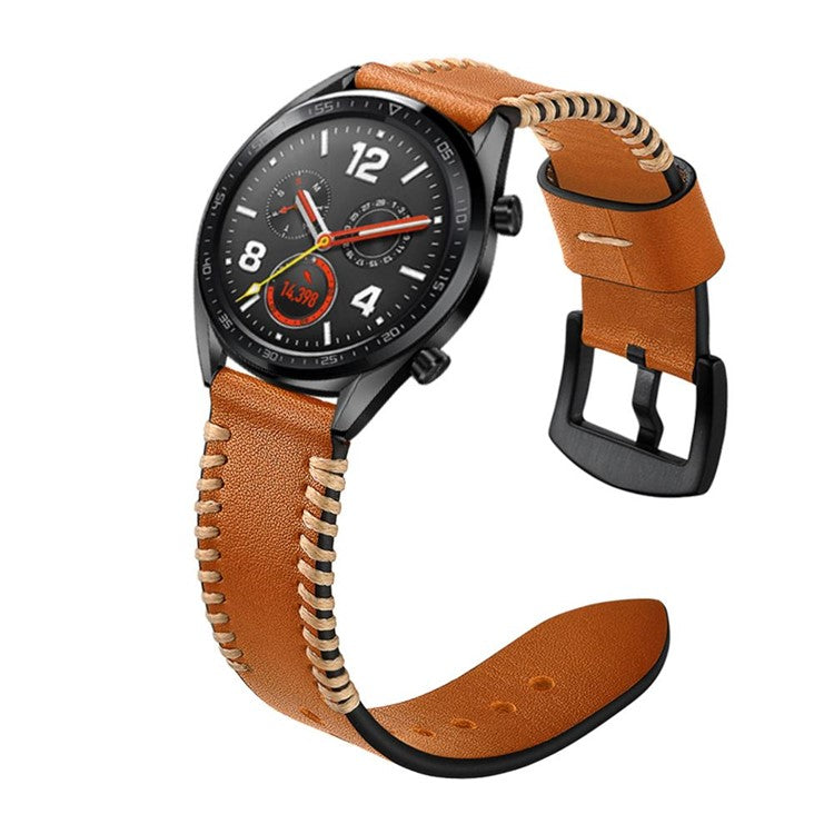 22mm Stitching Decor Genuine Leather Smart Watch Band Replacement for Huawei Watch GT2e/GT2 46mm - Brown