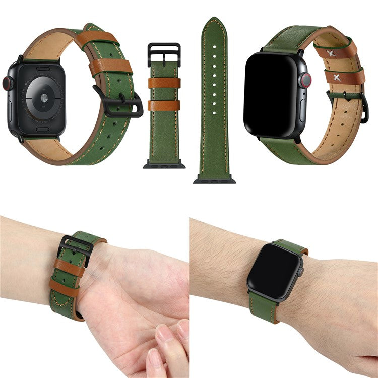 Fresh Contrast Color Genuine Leather Watch Strap for Apple Watch Series 10 42mm / 9 8 7 41mm / SE (2023) SE (2022) SE 6 5 4 40mm / 3 2 1 38mm - Green / Brown Line