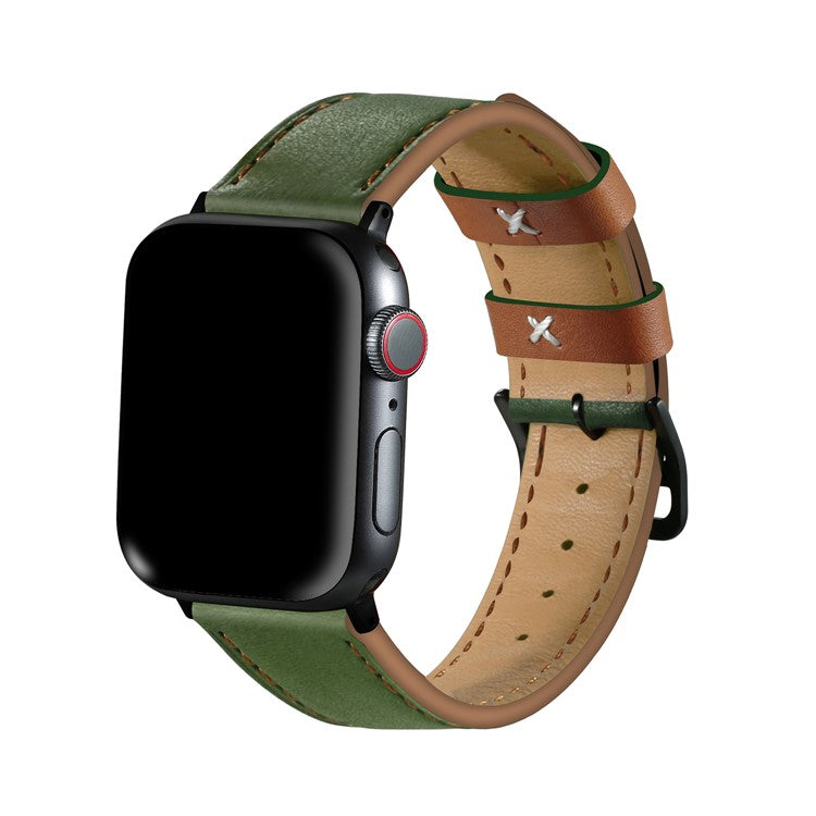 Fresh Contrast Color Genuine Leather Watch Strap for Apple Watch Series 10 42mm / 9 8 7 41mm / SE (2023) SE (2022) SE 6 5 4 40mm / 3 2 1 38mm - Green / Brown Line