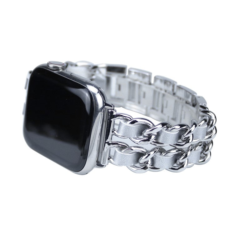 Metal + PU Leather Smart Watch Band Strap Replacement for Apple Watch Series 10 42mm / 9 8 7 41mm / SE (2023) SE (2022) SE 6 5 4 40mm / 3 2 1 38mm - Silver