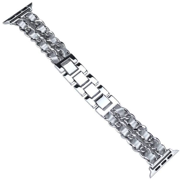 Metal + PU Leather Smart Watch Band Strap Replacement for Apple Watch Series 10 42mm / 9 8 7 41mm / SE (2023) SE (2022) SE 6 5 4 40mm / 3 2 1 38mm - Silver