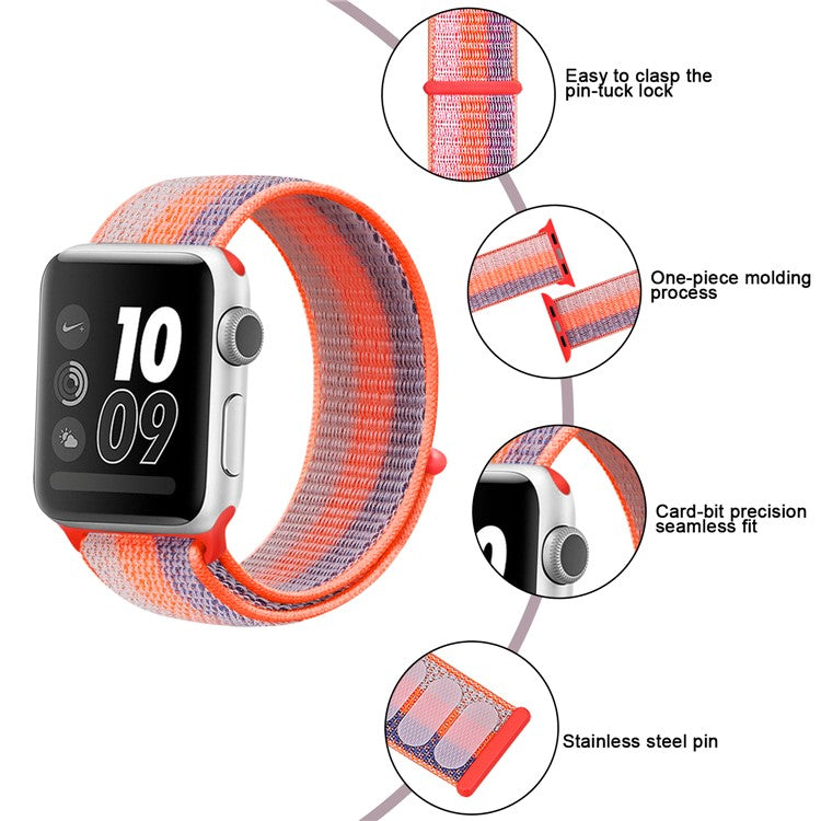 Nylon Weaven Loop Fastener Smart Bracelet Band for Apple Watch Series 10 42mm / 9 8 7 41mm / SE (2023) SE (2022) SE 6 5 4 40mm / 3 2 1 38mm - Stripe Orange