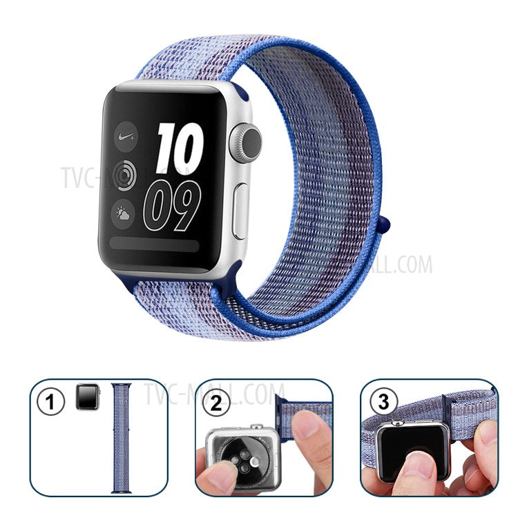 Nylon Weaven Loop Fastener Smart Bracelet Band for Apple Watch Series 10 42mm / 9 8 7 41mm / SE (2023) SE (2022) SE 6 5 4 40mm / 3 2 1 38mm - Stripe Blue