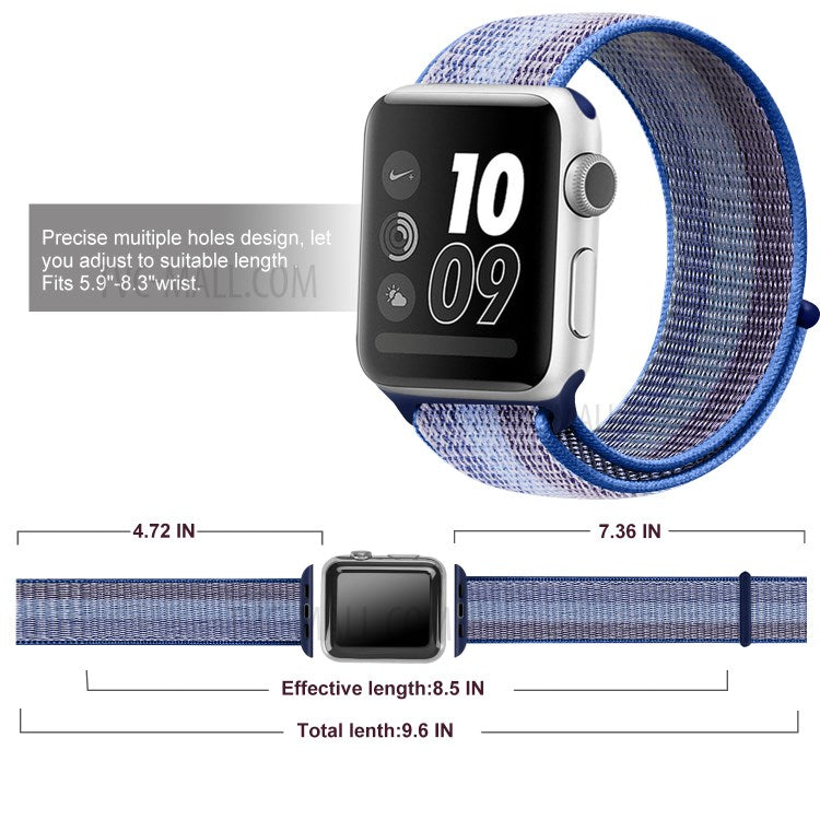 Nylon Weaven Loop Fastener Smart Bracelet Band for Apple Watch Series 10 42mm / 9 8 7 41mm / SE (2023) SE (2022) SE 6 5 4 40mm / 3 2 1 38mm - Stripe Blue