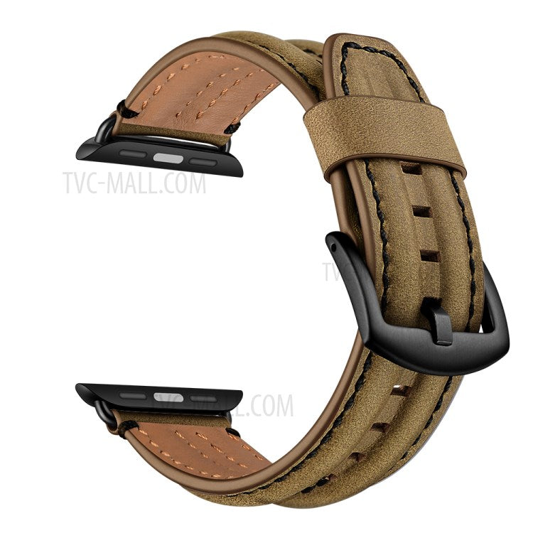 Top Layer Genuine Leather Watch Strap Band for Apple Watch Series 10 46mm / Ultra 2 Ultra 49mm / 9 8 7 45mm / SE (2023) SE (2022) SE 6 5 4 44mm / 3 2 1 42mm - Khaki