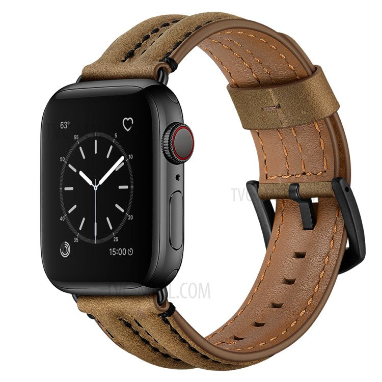 Top Layer Genuine Leather Watch Strap Band for Apple Watch Series 10 46mm / Ultra 2 Ultra 49mm / 9 8 7 45mm / SE (2023) SE (2022) SE 6 5 4 44mm / 3 2 1 42mm - Khaki