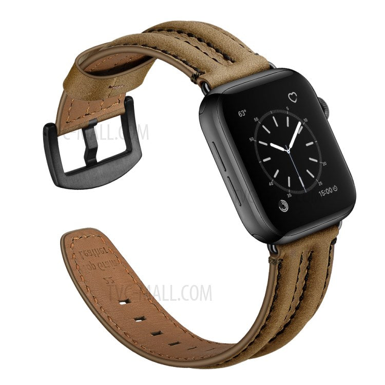 Top Layer Genuine Leather Watch Strap Band for Apple Watch Series 10 46mm / Ultra 2 Ultra 49mm / 9 8 7 45mm / SE (2023) SE (2022) SE 6 5 4 44mm / 3 2 1 42mm - Khaki