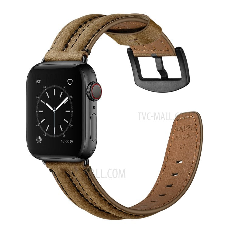 Top Layer Genuine Leather Watch Strap Band for Apple Watch Series 10 46mm / Ultra 2 Ultra 49mm / 9 8 7 45mm / SE (2023) SE (2022) SE 6 5 4 44mm / 3 2 1 42mm - Khaki