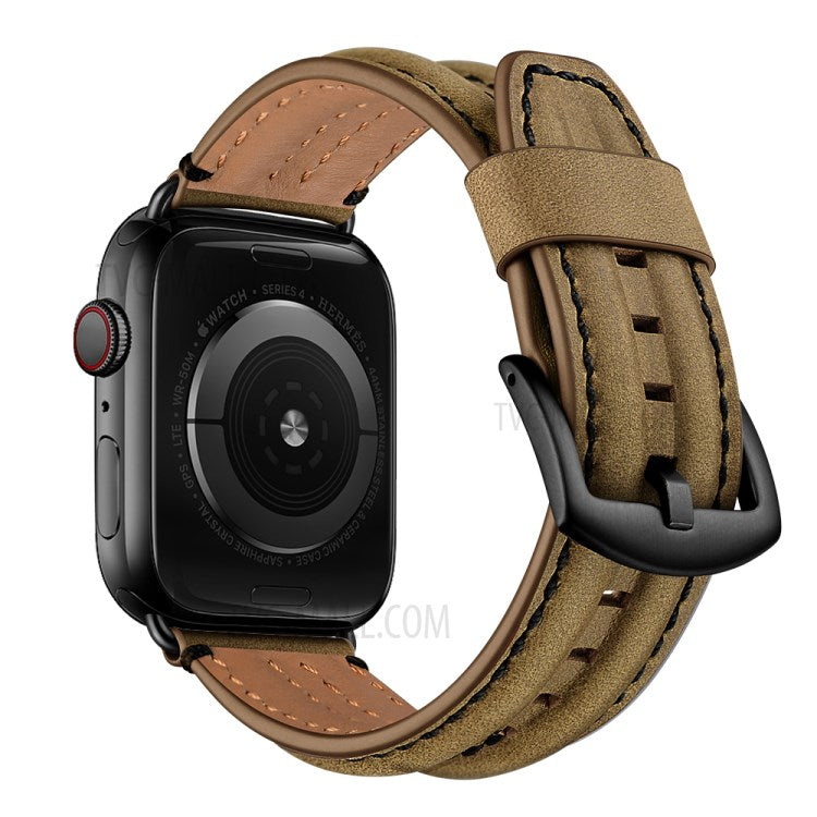 Top Layer Genuine Leather Watch Strap Band for Apple Watch Series 10 46mm / Ultra 2 Ultra 49mm / 9 8 7 45mm / SE (2023) SE (2022) SE 6 5 4 44mm / 3 2 1 42mm - Khaki