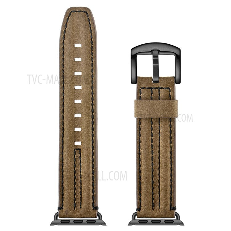 Top Layer Genuine Leather Watch Strap Band for Apple Watch Series 10 46mm / Ultra 2 Ultra 49mm / 9 8 7 45mm / SE (2023) SE (2022) SE 6 5 4 44mm / 3 2 1 42mm - Khaki