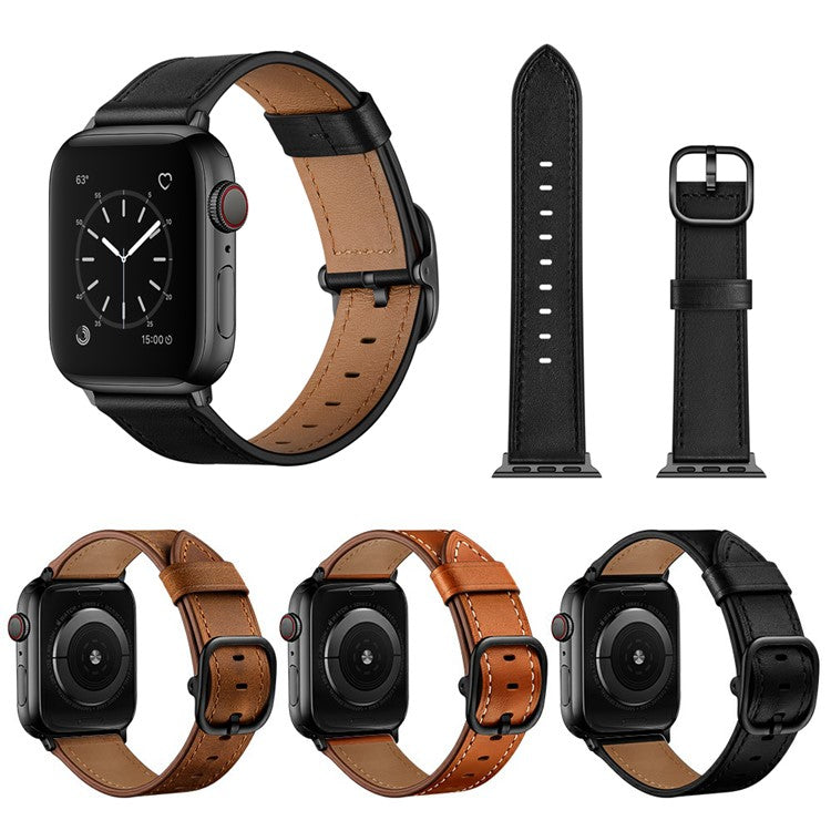 Genuine Leather Watch Band Replacement for Apple Watch Ultra 49mm / Ultra 2 49mm / Series 9 45mm / SE (2023) 44mm / Series 8 / 7 45mm / Series 6 / SE / SE (2022) / 5 / 4 44mm / Series 1 / 2 / 3 42mm - Black