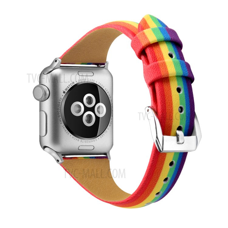 Rainbow Genuine Leather Strap Replace Band for Apple Watch Series 10 42mm / 9 8 7 41mm / 6 5 4 SE SE (2022) SE (2023) 40mm / 3 2 1 38mm