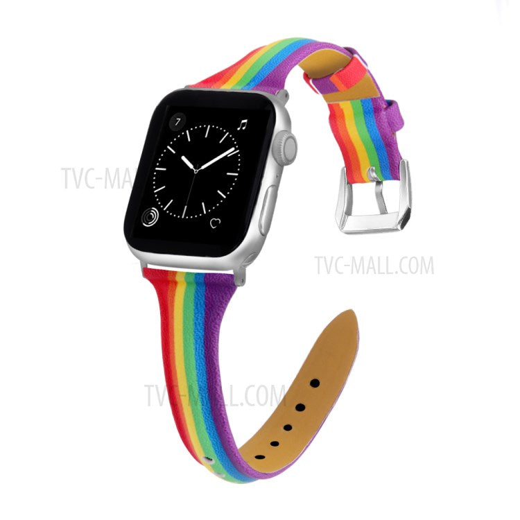 Rainbow Genuine Leather Strap Replace Band for Apple Watch Series 10 42mm / 9 8 7 41mm / 6 5 4 SE SE (2022) SE (2023) 40mm / 3 2 1 38mm
