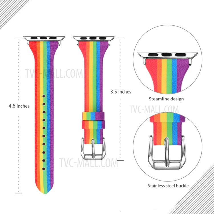 Rainbow Genuine Leather Strap Replace Band for Apple Watch Series 10 42mm / 9 8 7 41mm / 6 5 4 SE SE (2022) SE (2023) 40mm / 3 2 1 38mm