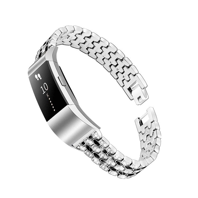 Rhinestone Decor Zinc Alloy Smart Watch Band Strap Replacement for Fitbit Charge 2 - Silver/Black