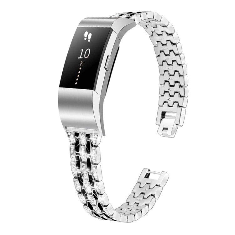 Rhinestone Decor Zinc Alloy Smart Watch Band Strap Replacement for Fitbit Charge 2 - Silver/Black