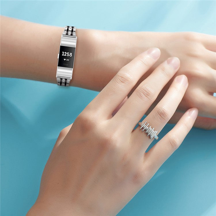 Rhinestone Decor Zinc Alloy Smart Watch Band Strap Replacement for Fitbit Charge 2 - Silver/Black