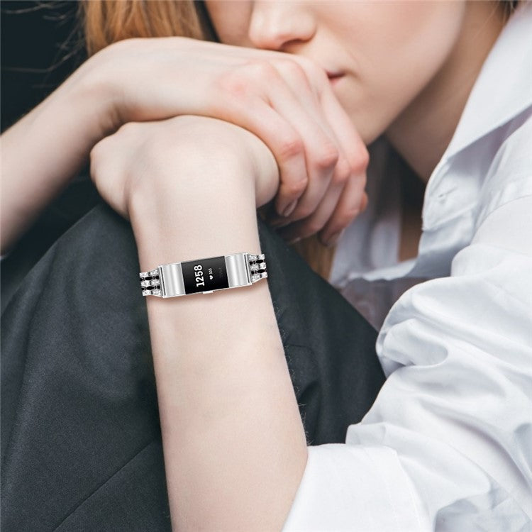 Rhinestone Decor Zinc Alloy Smart Watch Band Strap Replacement for Fitbit Charge 2 - Silver/Black