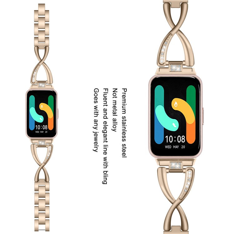 For Samsung Galaxy Fit3 SM-R390 Stainless Steel Strap Rhinestones Decor X-Shape Smartwatch Band - Gold