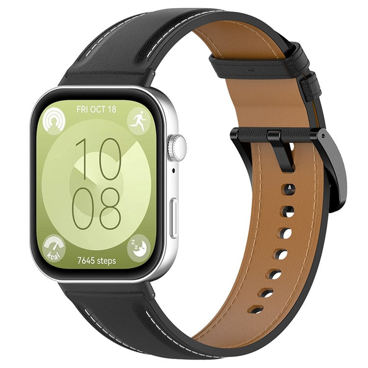For Huawei Watch Fit 3 Watch Strap Genuine Cow Leather Adjustable Wrist Band - Black