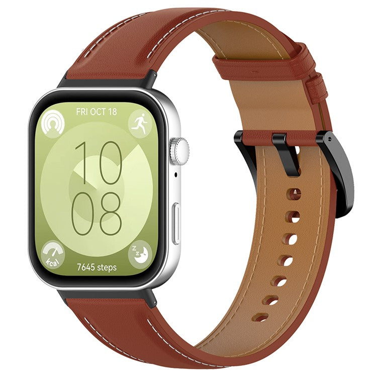 For Huawei Watch Fit 3 Watch Strap Genuine Cow Leather Adjustable Wrist Band - Dark Brown