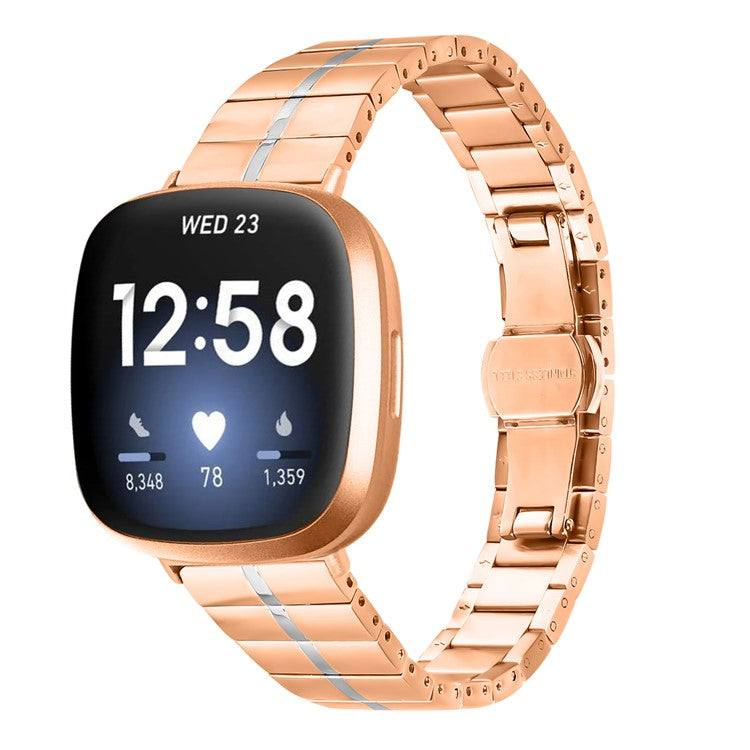 For Fitbit Versa 4 / Sense 2 Stainless Steel Watch Strap Wrist Band Replacement - Rose Gold+Silver
