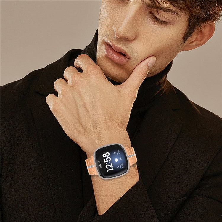 For Fitbit Versa 4 / Sense 2 Stainless Steel Watch Strap Wrist Band Replacement - Rose Gold+Silver