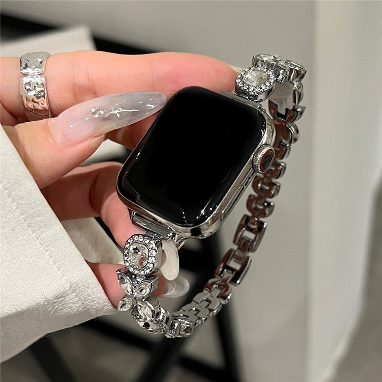 For Apple Watch Series 10 42mm / 9 8 7 41mm / SE (2023) SE (2022) SE 6 5 4 40mm / 3 2 1 38mm Band Zircon Gems Bracelet - Silver