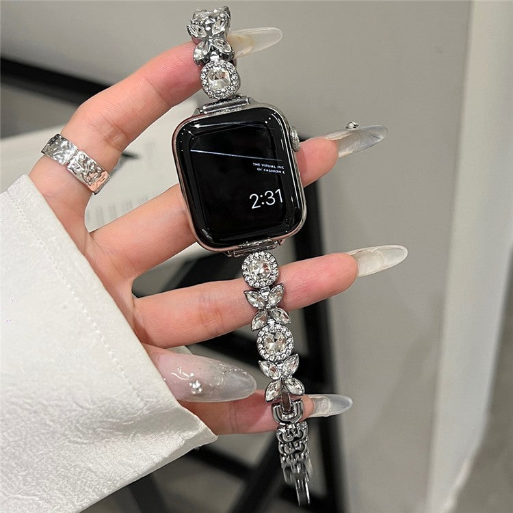 For Apple Watch Series 10 42mm / 9 8 7 41mm / SE (2023) SE (2022) SE 6 5 4 40mm / 3 2 1 38mm Band Zircon Gems Bracelet - Silver
