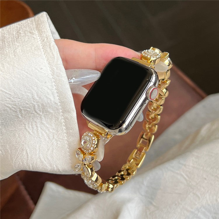 For Apple Watch Series 10 42mm / 9 8 7 41mm / SE (2023) SE (2022) SE 6 5 4 40mm / 3 2 1 38mm Band Zircon Gems Bracelet - Gold