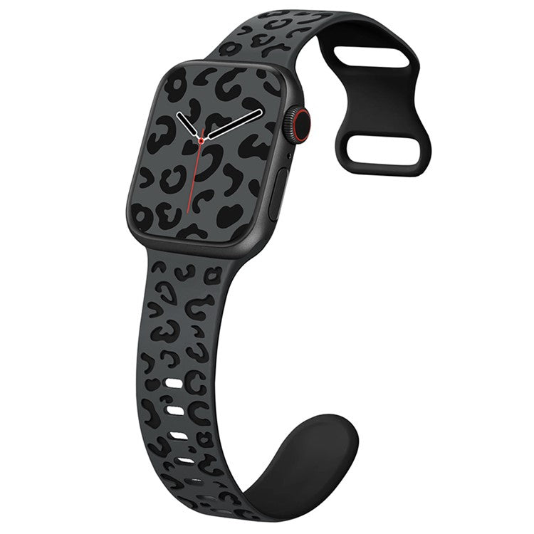 For Apple Watch 10 46mm / Ultra 2 / Ultra 49mm / 9 8 7 45mm / SE (2023) SE (2022) SE 6 5 4 44mm / 3 2 1 42mm Leopard Silicone Strap - Coal Black+Black